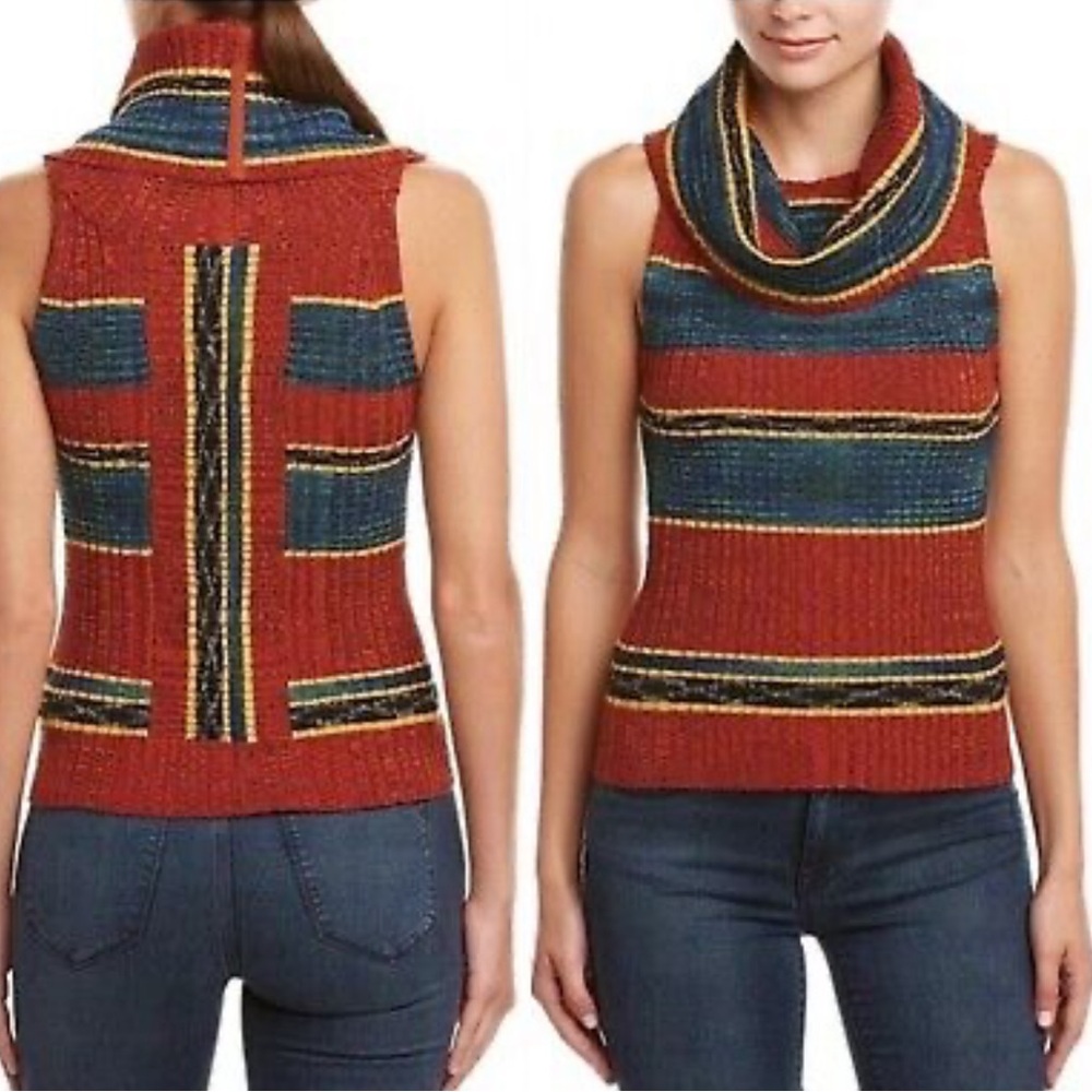 Free People Striped Carly Cowl Neck Ribbed Tank Top Sweater Orange Size Small